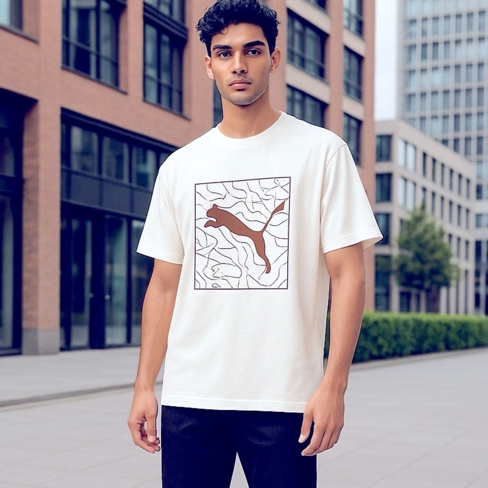 PUMA Graphics Cat Mens Crewneck Tee in PUMA WHITE PUMA WORDMARK Big Cat Symbol